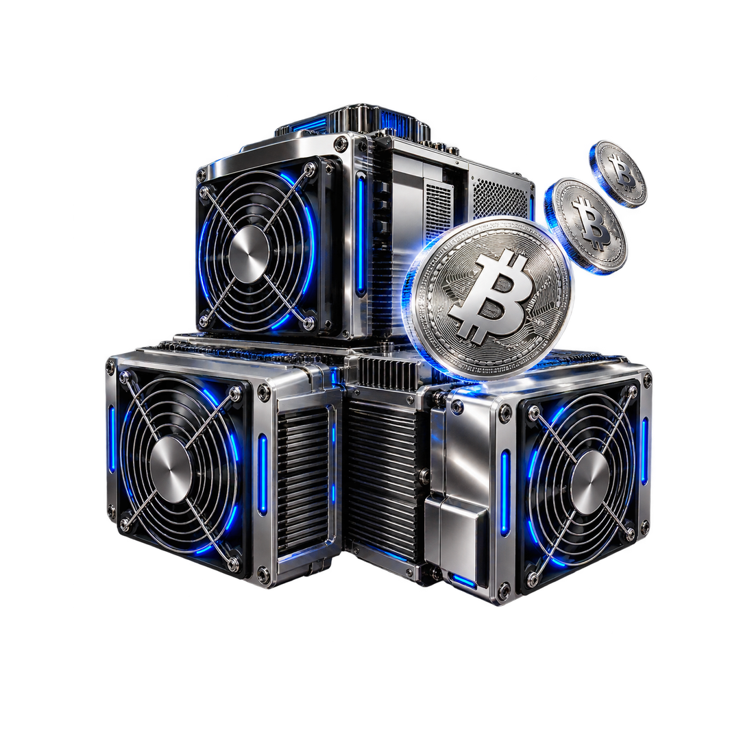 Equipos ASIC de minería de Bitcoin apilados con una moneda de Bitcoin cromada delante