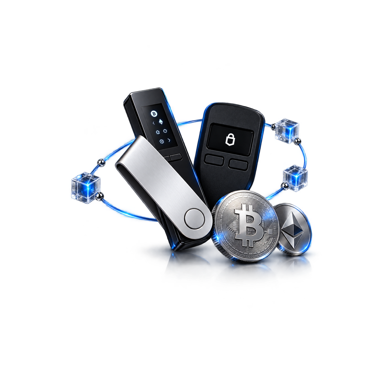 Custodia cripto: hardware wallets de metal y cristal con luz azul sobre fondo oscuro