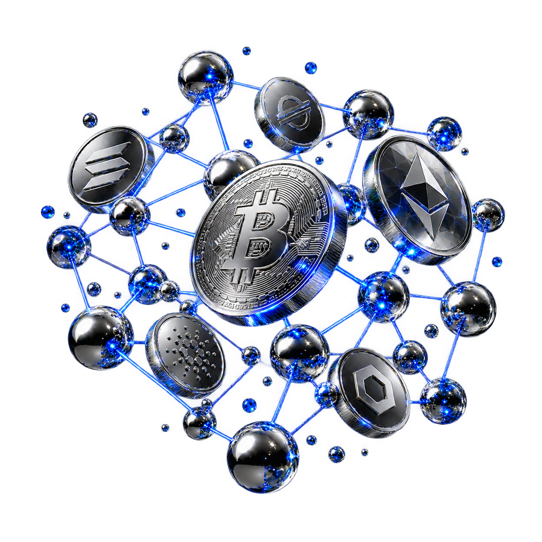 Descentralización: red de nodos cromados conectados con una moneda de Bitcoin