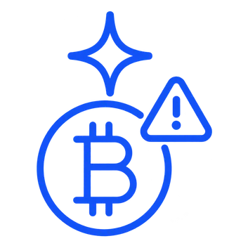 Icono de promesas imposibles en la minería de Bitcoin: moneda de Bitcoin con una estrella y un signo de exclamación