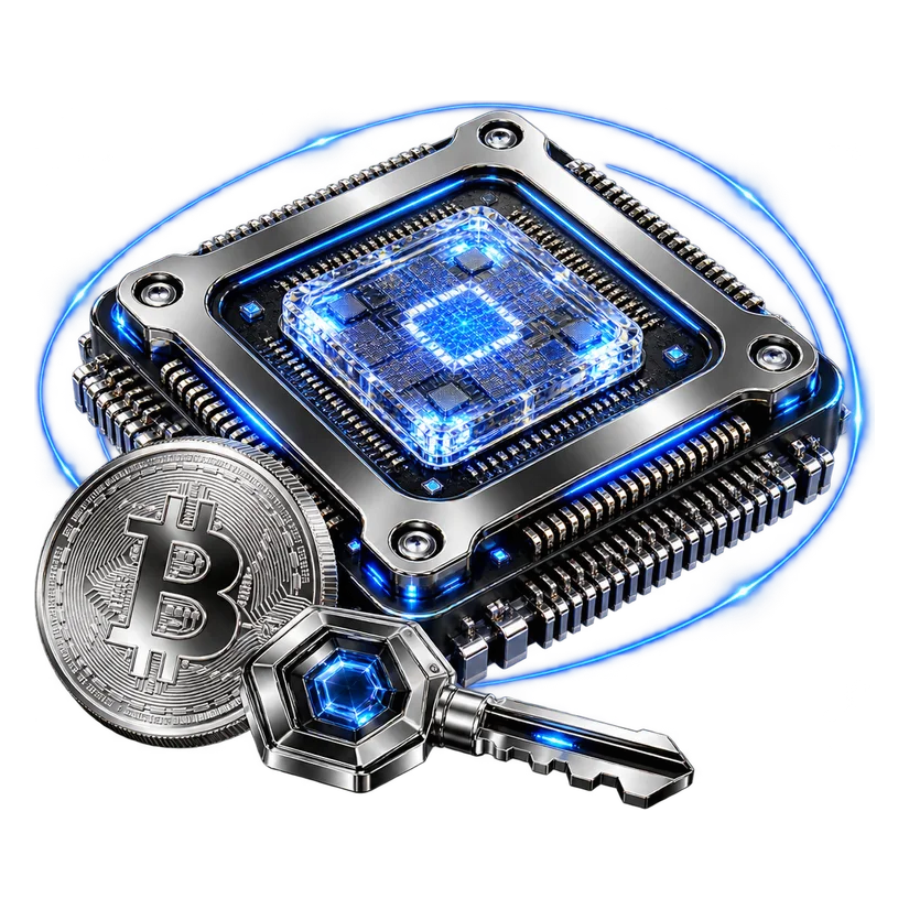 Compra de poder de minado en la minería de Bitcoin: chip de minería con moneda y llave