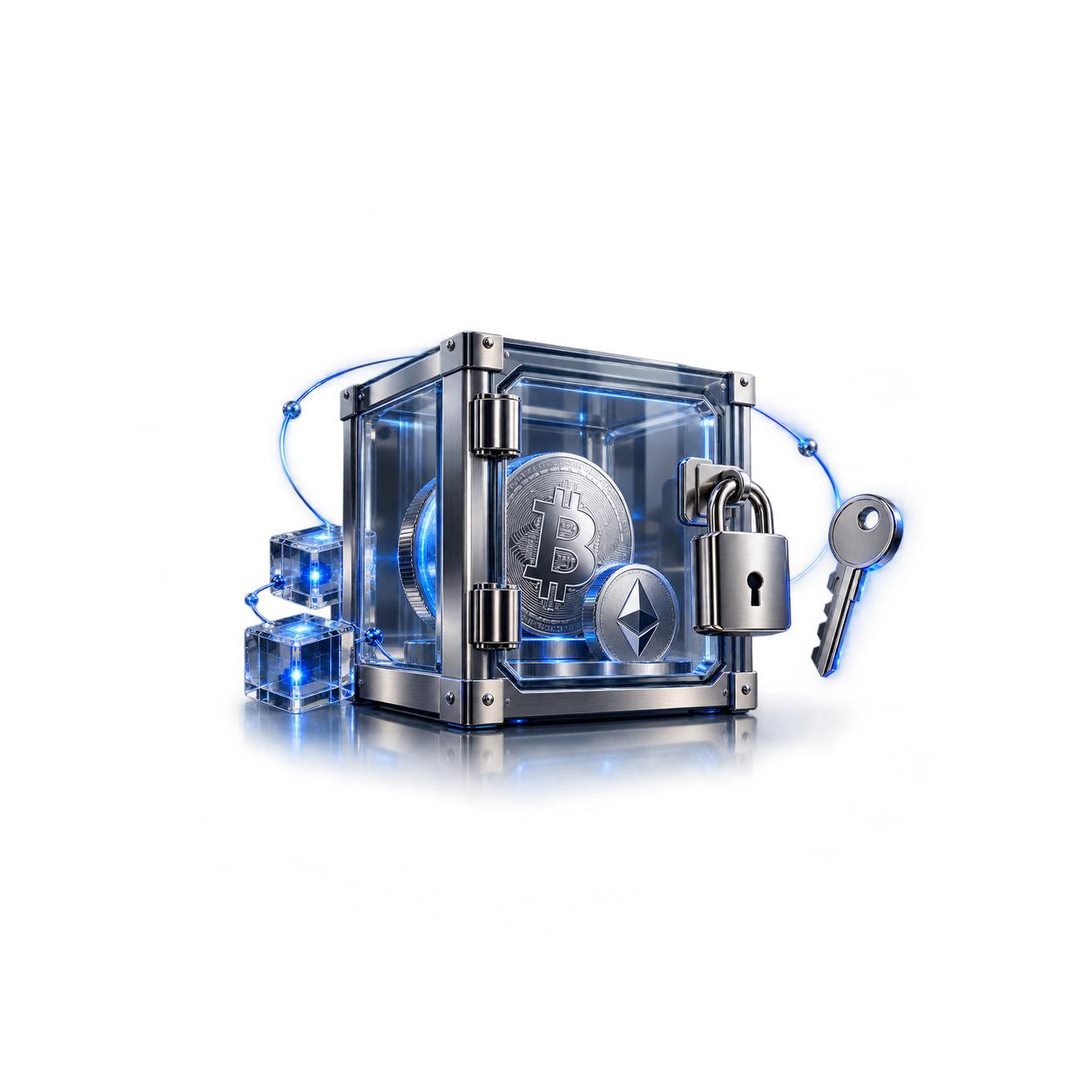 Custodia cripto: caja fuerte de cristal con candado y llave, quien tiene la llave controla los activos