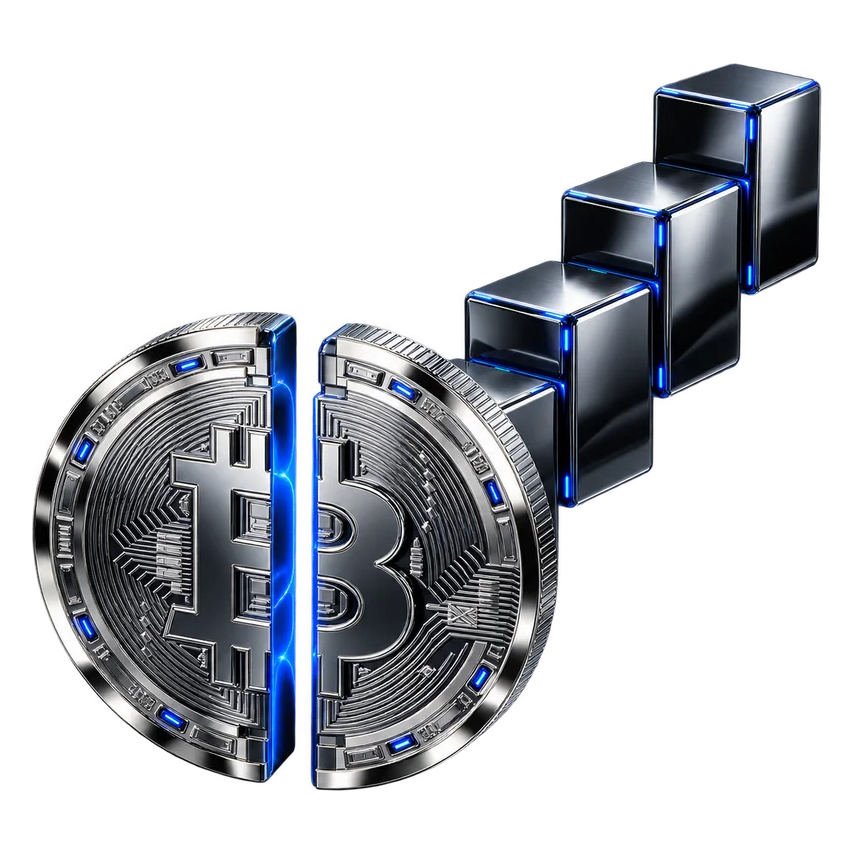 Dificultad y halving en la minería de Bitcoin: moneda de Bitcoin partida por la mitad