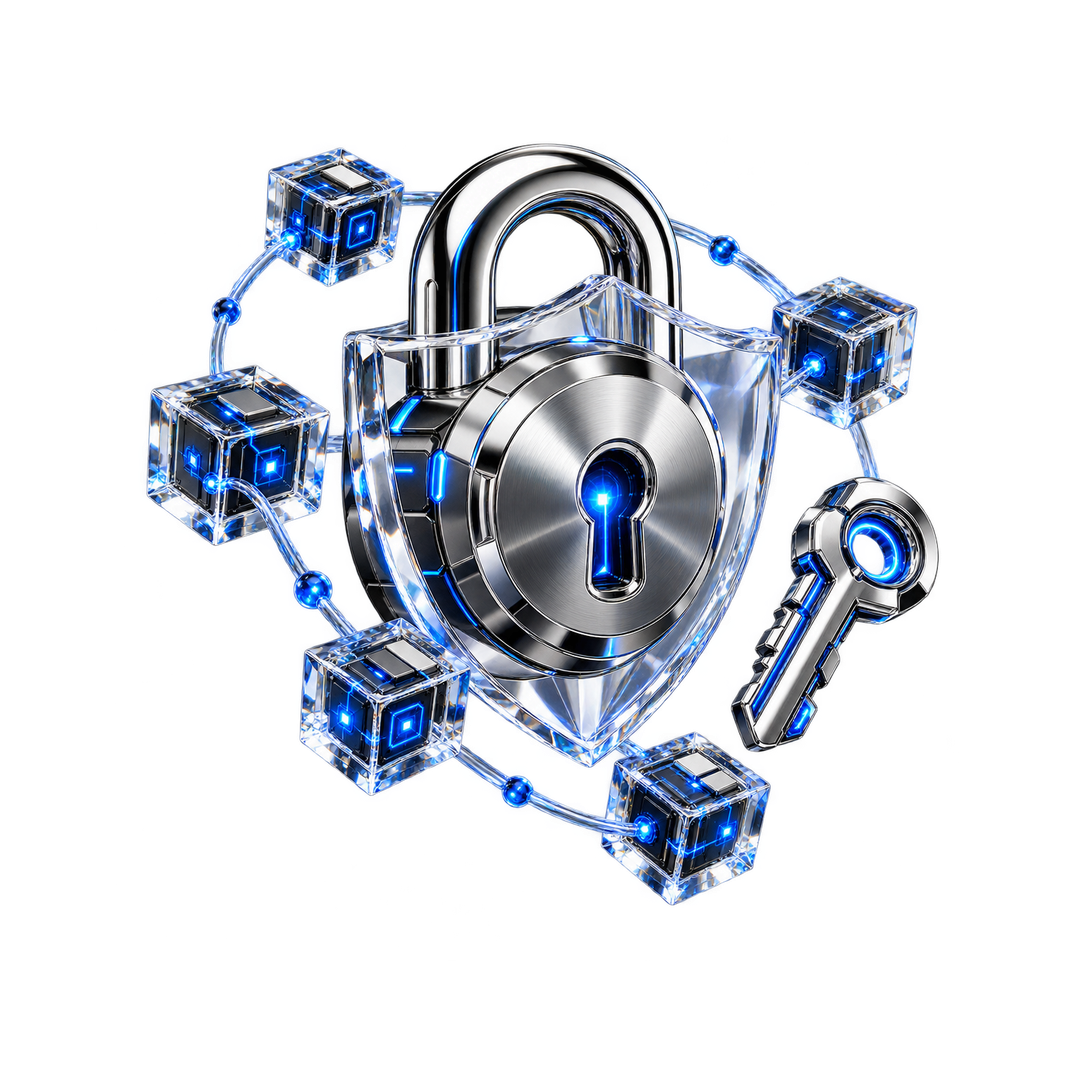 Privacidad y datos en la descentralización: candado y escudo con datos cifrados