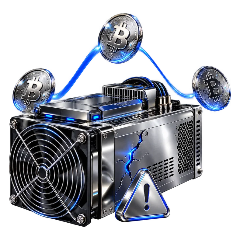 Riesgos de la minería de Bitcoin: equipo ASIC con señal de advertencia y una grieta de luz