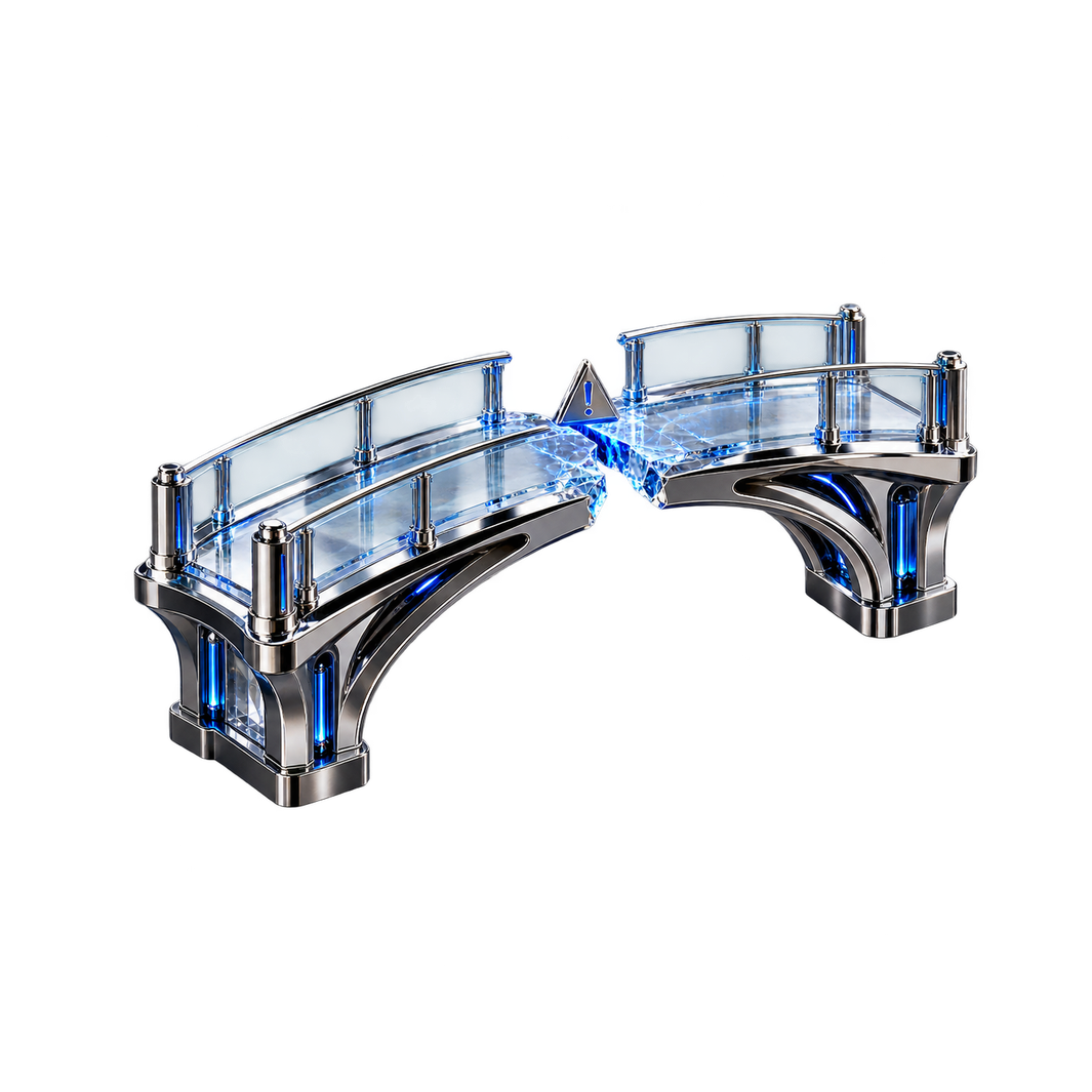 Riesgos de la descentralización: puente de cristal con una grieta luminosa