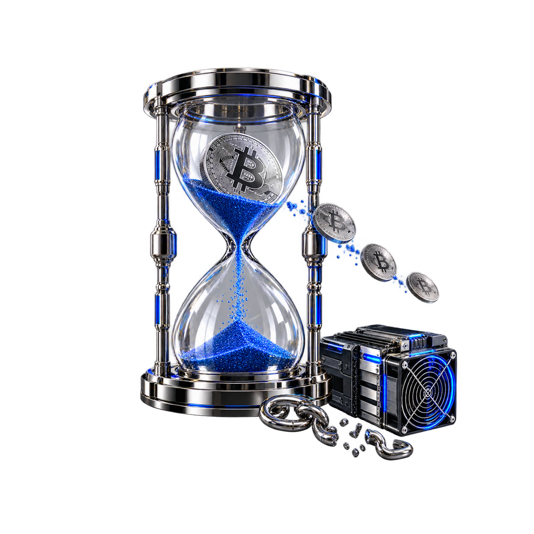 El coste de no decidir en la minería de Bitcoin: reloj de arena con una moneda de Bitcoin
